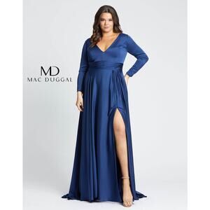 IEENA Mac Duggal Gown Dress‎ Size 18W Blue Satin V Neck Long Sleeve 55290 NWT